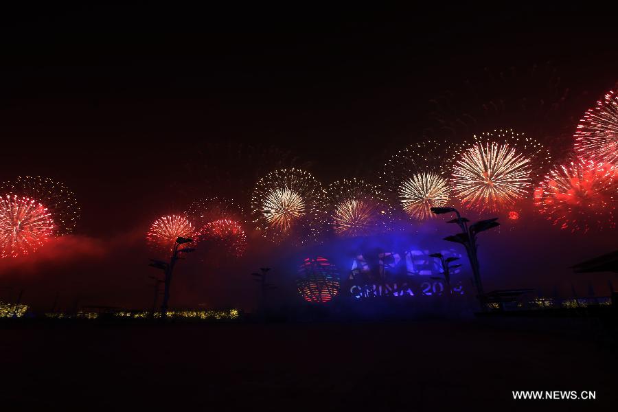 A firework show is staged at Olympic Park in Beijing, capital of China, Nov. 10, 2014. The 22nd Asia-Pacific Economic Cooperation (APEC) Economic Leaders' Meeting takes place in Beijing from Nov. 10 to 11. 