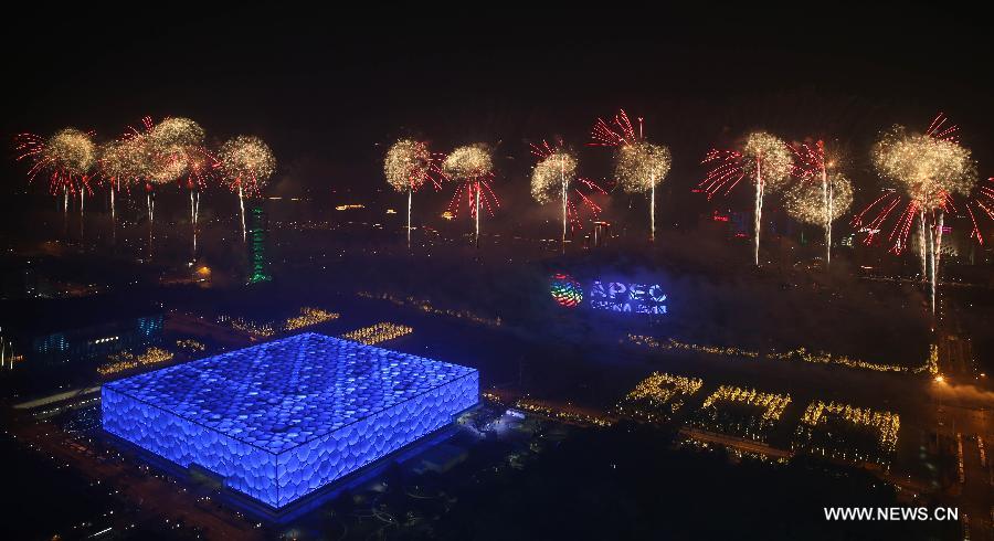 A firework show is staged at Olympic Park in Beijing, capital of China, Nov. 10, 2014. The 22nd Asia-Pacific Economic Cooperation (APEC) Economic Leaders' Meeting takes place in Beijing from Nov. 10 to 11. 