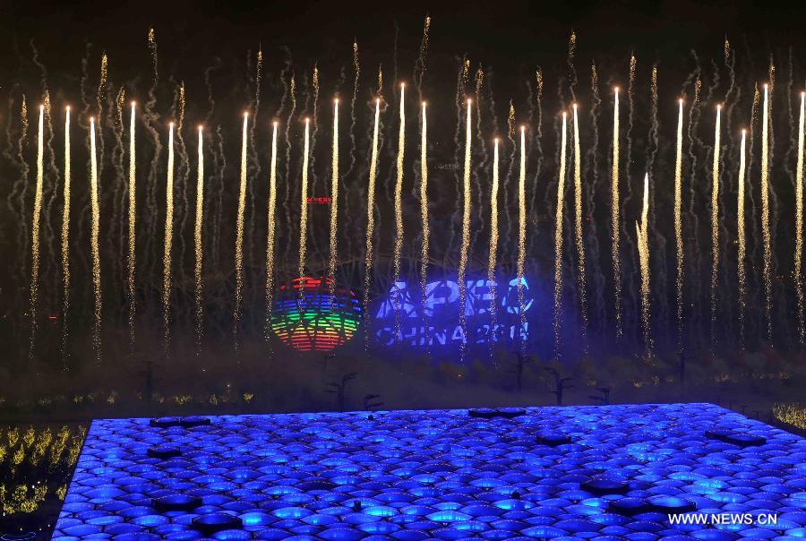 Fireworks explode in the sky over the Olympic Park in Beijing, China, Nov. 10, 2014.