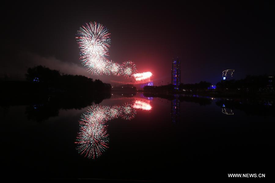 A firework show is staged at Olympic Park in Beijing, capital of China, Nov. 10, 2014. The 22nd Asia-Pacific Economic Cooperation (APEC) Economic Leaders' Meeting takes place in Beijing from Nov. 10 to 11. 