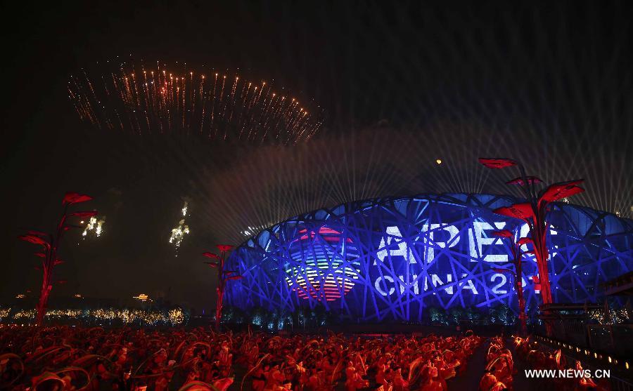 A firework show is staged at Olympic Park in Beijing, capital of China, Nov. 10, 2014. The 22nd Asia-Pacific Economic Cooperation (APEC) Economic Leaders' Meeting takes place in Beijing from Nov. 10 to 11. 