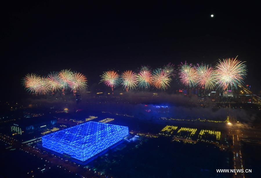 A firework show is staged at Olympic Park in Beijing, capital of China, Nov. 10, 2014. The 22nd Asia-Pacific Economic Cooperation (APEC) Economic Leaders' Meeting takes place in Beijing from Nov. 10 to 11. 