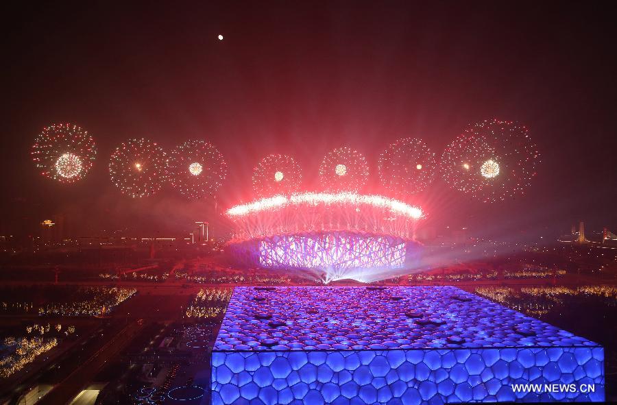 A firework show is staged at Olympic Park in Beijing, capital of China, Nov. 10, 2014. The 22nd Asia-Pacific Economic Cooperation (APEC) Economic Leaders' Meeting takes place in Beijing from Nov. 10 to 11. 