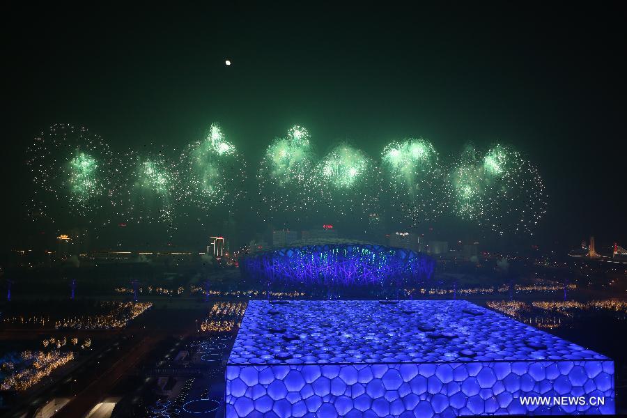 A firework show is staged at Olympic Park in Beijing, capital of China, Nov. 10, 2014. The 22nd Asia-Pacific Economic Cooperation (APEC) Economic Leaders' Meeting takes place in Beijing from Nov. 10 to 11. 