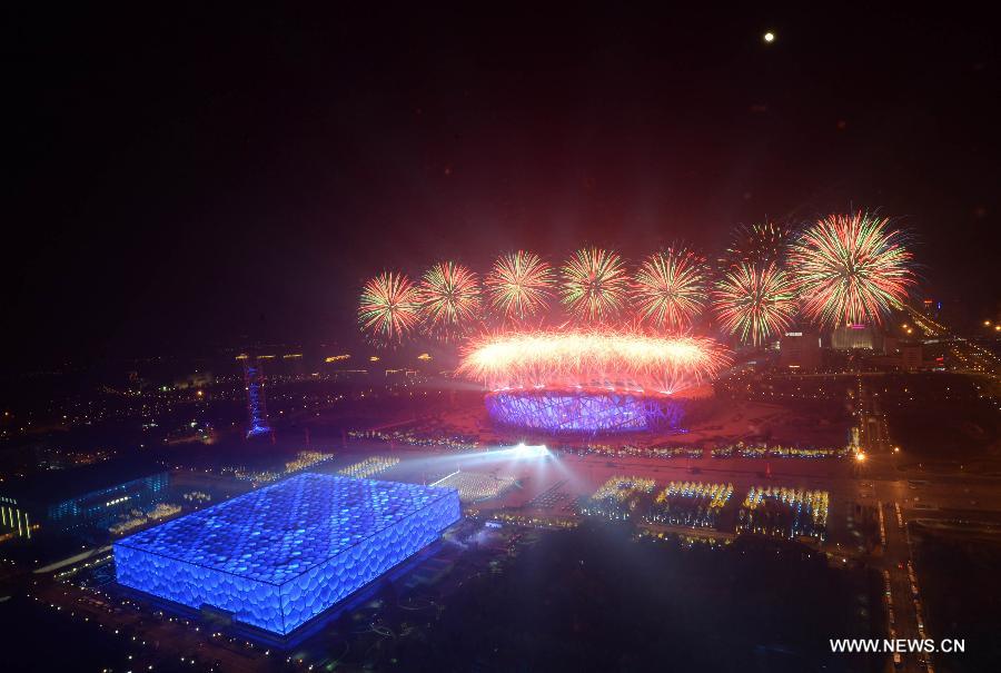 A firework show is staged at Olympic Park in Beijing, capital of China, Nov. 10, 2014. The 22nd Asia-Pacific Economic Cooperation (APEC) Economic Leaders' Meeting takes place in Beijing from Nov. 10 to 11. 