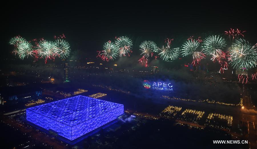 Fireworks explode over the Olympic Park in Beijing, China, Nov. 10, 2014. The 22nd Asia-Pacific Economic Cooperation (APEC) Economic Leaders' Meeting takes place in Beijing from Nov. 10 to 11.