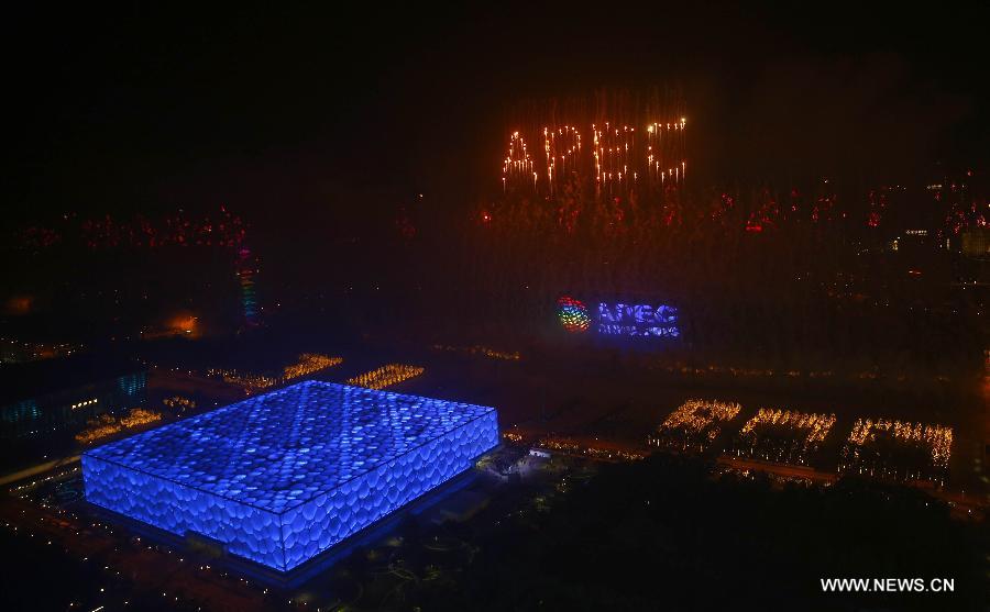 Fireworks explode in the sky over the Olympic Park in Beijing, China, Nov. 10, 2014.