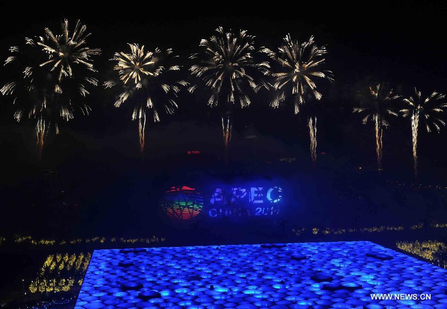 Fireworks explode in the sky over the Olympic Park in Beijing, China, Nov. 10, 2014.