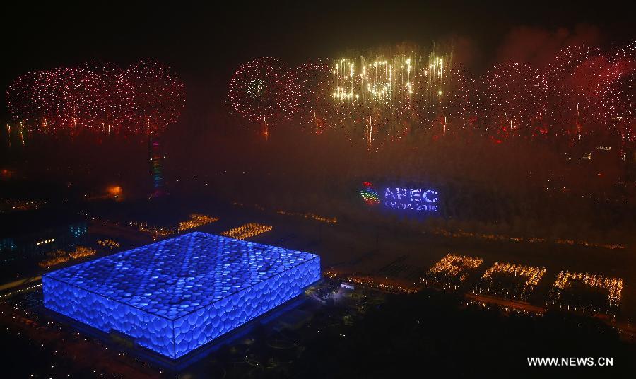 Fireworks explode in the sky over the Olympic Park in Beijing, China, Nov. 10, 2014.