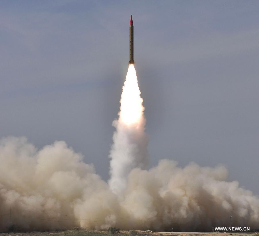 Photo provided by the Pakistan army's Inter-Services Public Relations (ISPR) office on Nov. 13, 2014 shows a intermediate range nuclear-capable ballistic missile Shaheen-II (Hatf-VI) being launched from an undisclosed location in Pakistan. Pakistan on Thursday conducted a successful training launch of an intermediate range nuclear-capable ballistic missile, the military said.