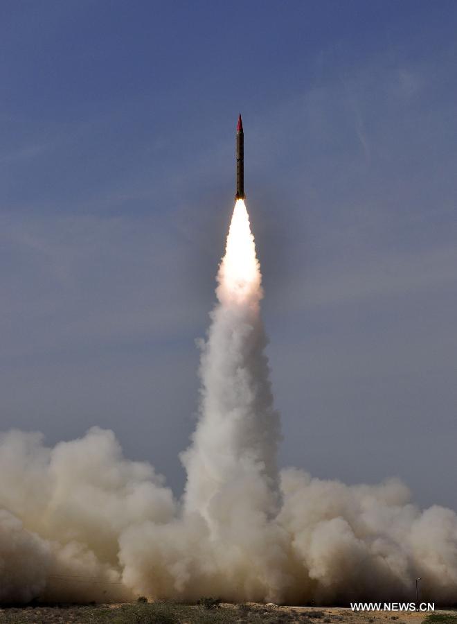 Photo provided by the Pakistan army's Inter-Services Public Relations (ISPR) office on Nov. 13, 2014 shows a intermediate range nuclear-capable ballistic missile Shaheen-II (Hatf-VI) being launched from an undisclosed location in Pakistan. Pakistan on Thursday conducted a successful training launch of an intermediate range nuclear-capable ballistic missile, the military said.