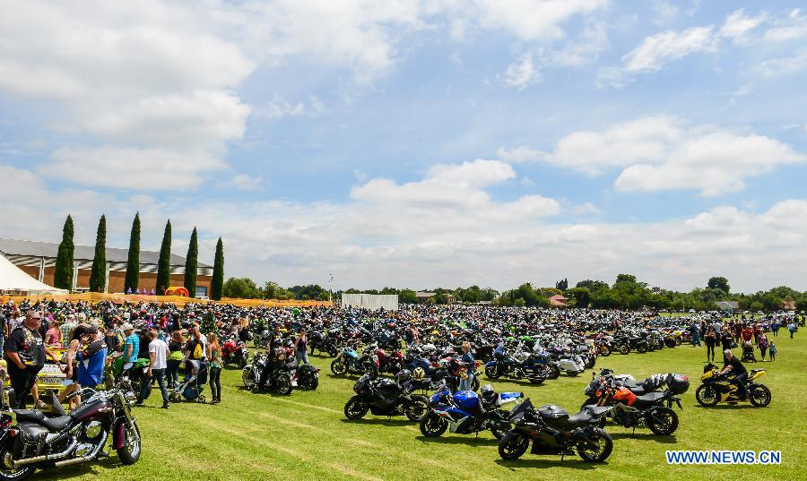 Photo taken on Nov. 30, 2014 shows the parking motorcycles at the end venue of the Toy Run in Benoni, Gauteng Province, South Africa. 