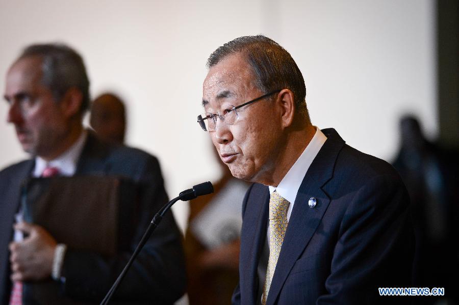 UN Secretary-General Ban Ki-moon addresses media reporters regarding the post-2015 development agenda at the UN headquarters in New York, on Dec. 4, 2014. UN Secretary-General Ban Ki- moon said on Thursday that the post-2015 development agenda will focus on ending poverty, achieving shared prosperity and protecting our planet.