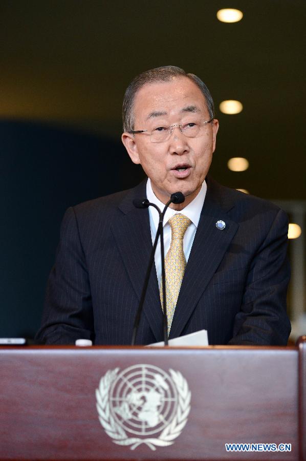 UN Secretary-General Ban Ki-moon addresses media reporters regarding the post-2015 development agenda at the UN headquarters in New York, on Dec. 4, 2014. UN Secretary-General Ban Ki- moon said on Thursday that the post-2015 development agenda will focus on ending poverty, achieving shared prosperity and protecting our planet.