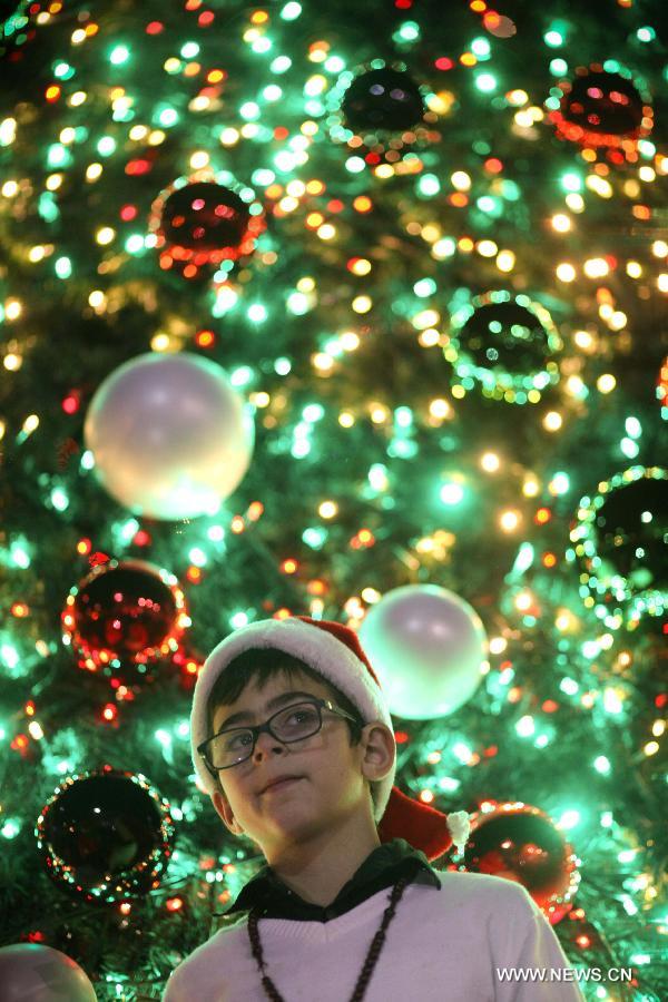 A Palestinian boy poses for a photo in front of the Main Christmas Tree at the Manger Square, outside the Church of the Nativity in West Bank city of Bethlehem on Dec. 6, 2014. (Xinhua/ Luay Sababa) 