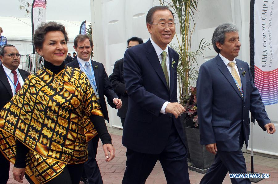 Christiana Figueres (L), executive secretary of the Framework Convention on Climate Change of the United Nations, United Nations Secretary-General Ban Ki-moon (C) and COP 20/CMP 10 President Manuel Pulgar-Vidal (R), arrive at the plenary room of the high-level segment of the United Nations Conference on Climate Change in Lima, capital of Peru, Dec. 9, 2014.