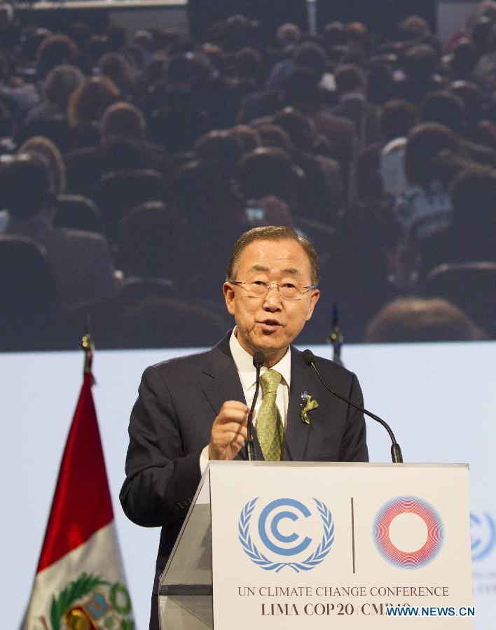 United Nations Secretary-General Ban Ki-moon speaks at the high-level segment of the United Nations Conference on Climate Change in Lima, capital of Peru Dec. 9, 2014. 