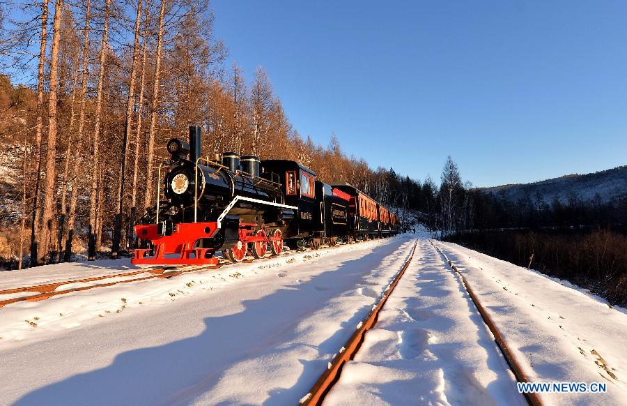 A tourist train runs in the Moridaga Forest Park in Dahinggan Mountain forest region in north China's Inner Mongolia Autonomous Region, Dec. 28, 2014. 