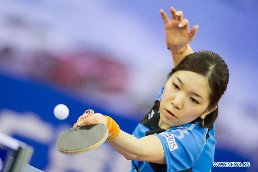 Misako Wakamiya of Japan competes in the women's singles final at the GAC Group 2015 ITTF World Tour Hungary Open in Budapest, Hungary on Feb. 1, 2015. Misako Wakamiya, the No. 13 seed, beat the third seeded Lee Ho Ching of China's Hong Kong 4-2 and claimed the women's singles title. (Xinhua/Attila Volgyi) 