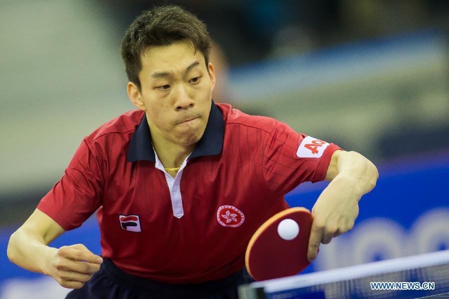 Jiang Tianyi of China's Hong Kong competes in the men's singles final at the GAC Group 2015 ITTF World Tour Hungary Open in Budapest, Hungary on Feb. 1, 2015. Jiang Tianyi beat South Korea's Jeong Sangeun 4-3 and claimed the men's singles title. (Xinhua/Attila Volgyi) 