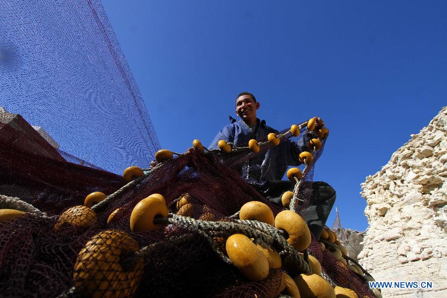 A fisherman collects fish from his net at the fisher-town El Max in Alexandria, Egypt, on Jan. 31, 2015.