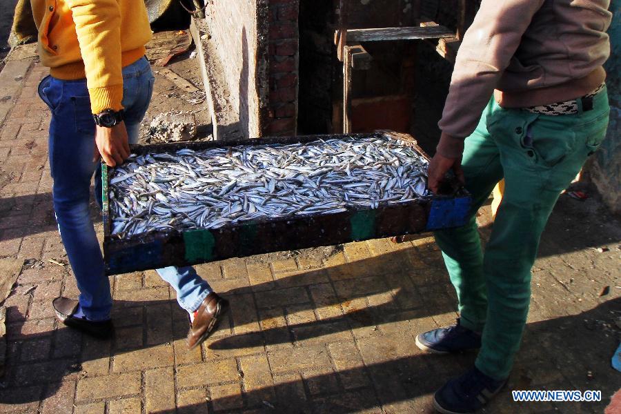 Two Egyptian fishermen hold a box of fish to sold at a street market at the fisher-town El Max in Alexandria, Egypt, on Jan. 31, 2015.