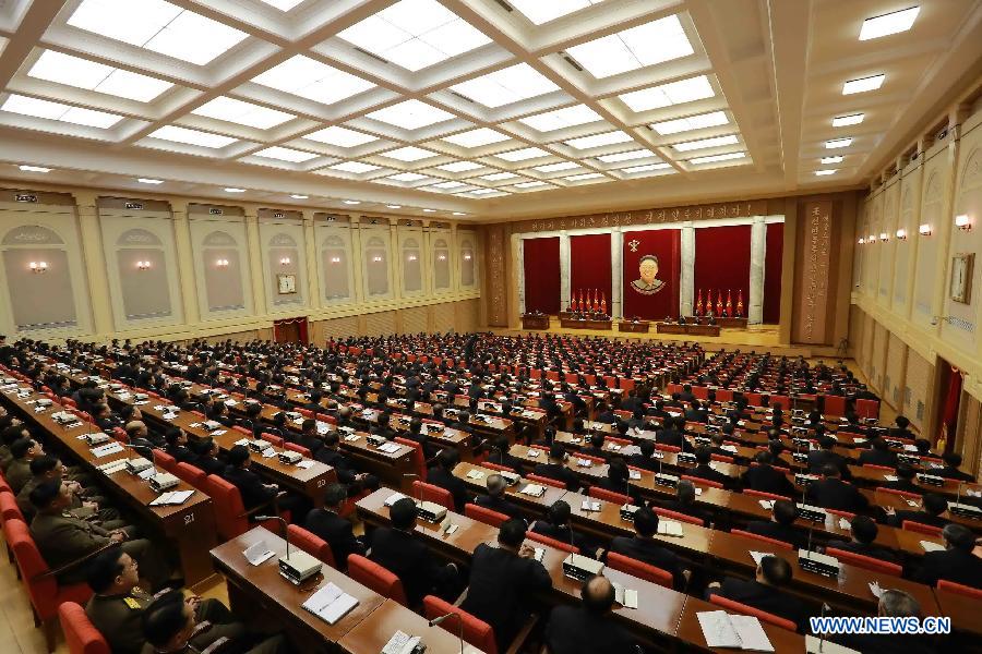 Photo provided by Korean Central News Agency (KCNA) on Feb. 19, 2015 shows an enlarged meeting of the Political Bureau of the Central Committee of the Workers' Party of Korea (WPK) taking place in Pyongyang on Wednesday under the guidance of top leader of the Democratic People's Republic of Korea (DPRK) Kim Jong Un. A resolution adopted at the meeting underscored the need to stick to and carry out the behests of late leader Kim Jong Il. 