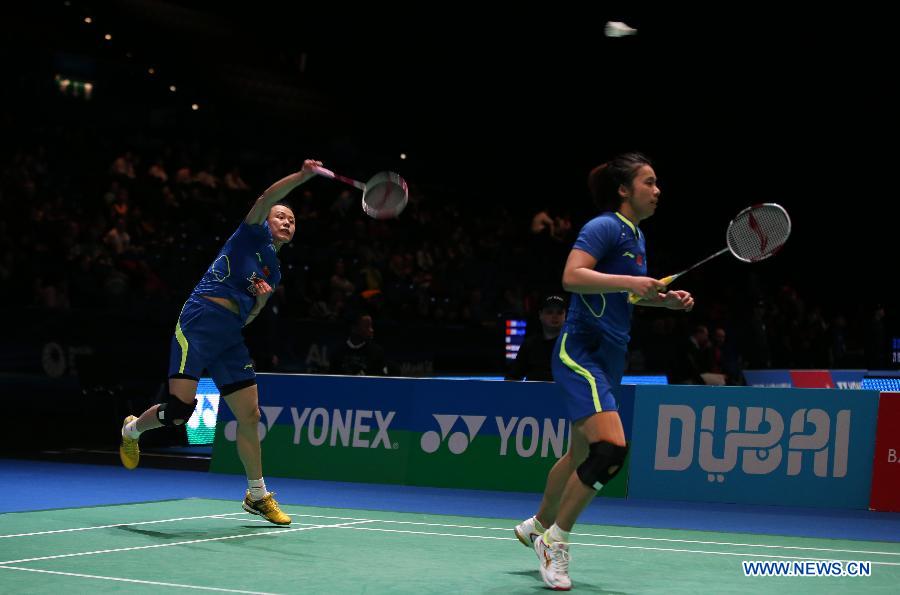 Tian Qing (L) and Zhao Yunlei of China compete during the women's doubles first round match between Tian Qing/Zhao Yunlei of China and Lee So Hee/Shin Seung Chan of Korea at the All England Open Badminton Championships at Barclaycard Arena in Birmingham, Britain on March 4, 2015.