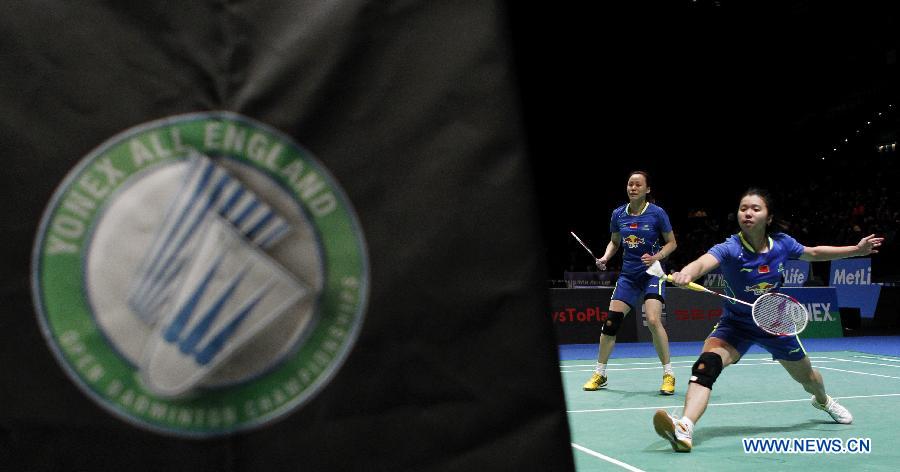 Tian Qing (L) and Zhao Yunlei of China compete during the women's doubles first round match between Tian Qing/Zhao Yunlei of China and Lee So Hee/Shin Seung Chan of Korea at the All England Open Badminton Championships at Barclaycard Arena in Birmingham, Britain on March 4, 2015.