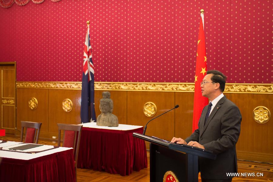 During a ceremony at the Chinese Embassy in Canberra on Thursday, the statue of Guanyin, revered by Buddhists, was handed over by the Australian government, in accordance with a bilateral commitment to return and protect cultural property.