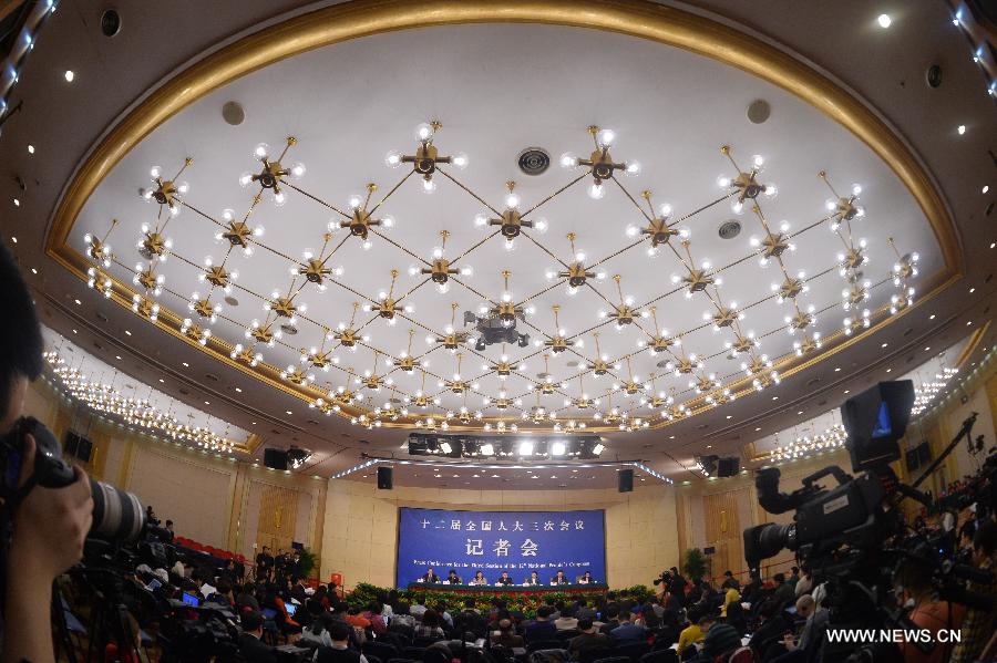 Kan Ke, Zheng Shuna, Yuan Jie, Wang Aili, Wu Zeng, officials of the Commission for Legislative Affairs of the National People's Congress (NPC) Standing Committee, give a press conference about the draft revision to the Legislation Law in Beijing, capital of China, March 9, 2015. 