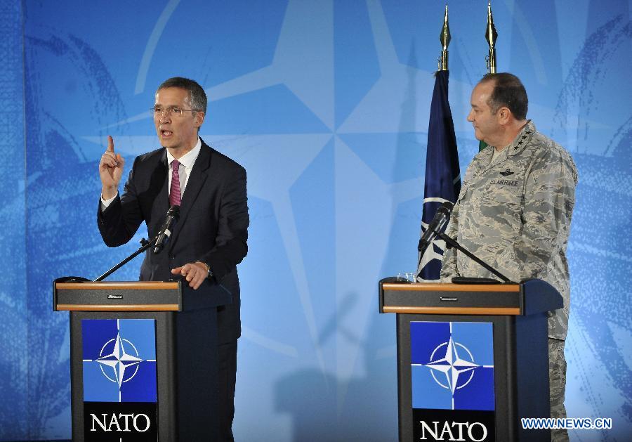 NATO Secretary General Jens Stoltenberg (L) and the Supreme Allied Commander Europe (SACEUR) General Philip Breedlove attend a press conference at NATO's Supreme Headquarters Allied Powers Europe (SHAPE) near Mons of Belgium on March 11, 2015. 