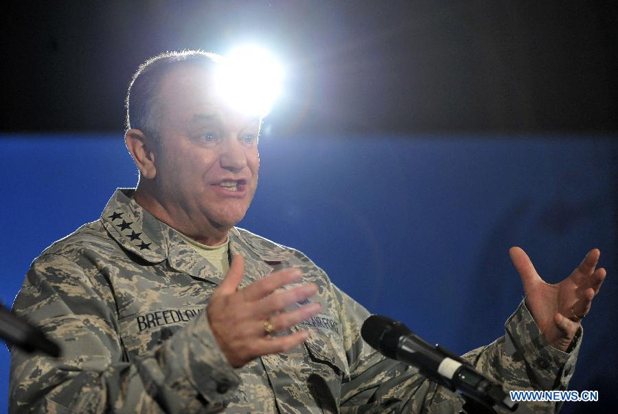 NATO's Supreme Allied Commander Europe (SACEUR) General Philip Breedlove attends a press conference with NATO Secretary General Jens Stoltenberg (not seen) at NATO's Supreme Headquarters Allied Powers Europe (SHAPE) near Mons of Belgium on March 11, 2015.