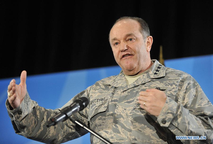 NATO's Supreme Allied Commander Europe (SACEUR) General Philip Breedlove attends a press conference with NATO Secretary General Jens Stoltenberg (not seen) at NATO's Supreme Headquarters Allied Powers Europe (SHAPE) near Mons of Belgium on March 11, 2015. 