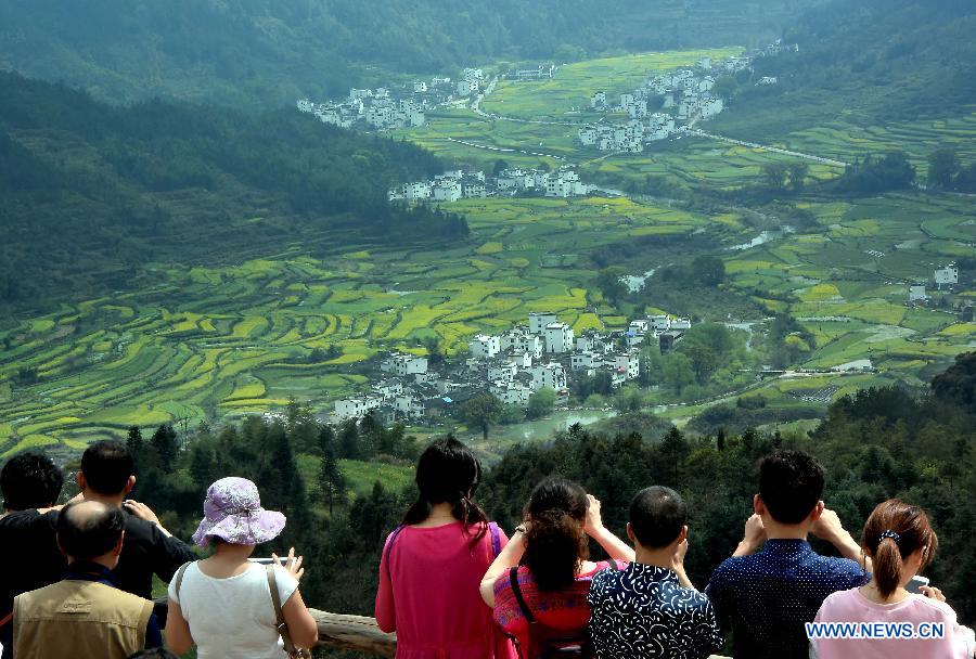 Visitors view cole flower fields in Wuyuan County, east China's Jiangxi Province, March 31, 2015. The cole flower fields make Wuyuan the reputation of the most beautiful village in spring. (Xinhua/Wang Song) 