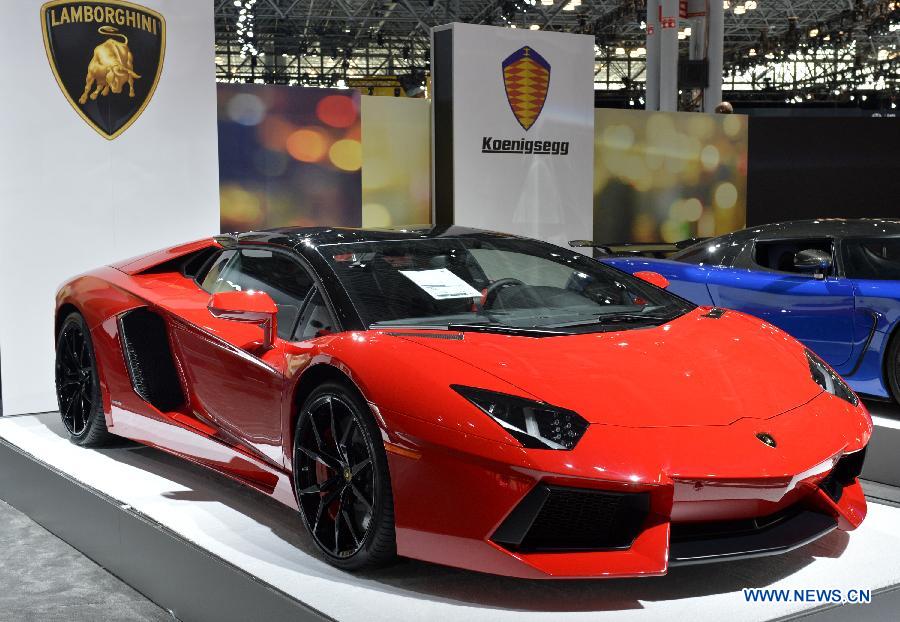 A Lamborghini is displayed at the New York International Auto Show in New York, the United States, April 2, 2015.