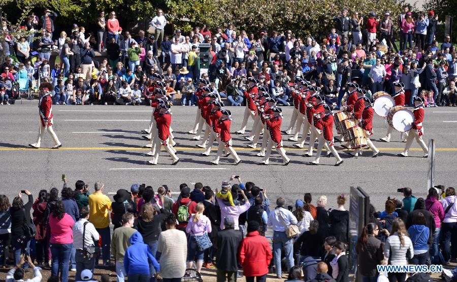 Soldiers of a military band attend the annual Cherry Blossom Festival Parade along the Constitution Avenue in Washington D.C., capital of the United States, April 11, 2015.