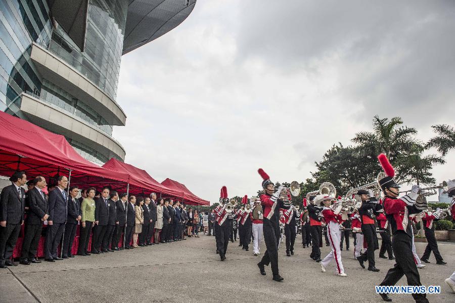 A national flag-raising ceremony is held in Hong Kong, south China, May 4, 2015, to celebrate the Chinese Youth Day marking the May 4th Movement that happened on May 4, 1919, ushering in the new-democratic revolution in China. (Xinhua/Lui Siu Wai)