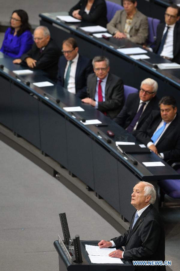 German historian Heinrich August Winkler speaks during a session in memorial of the 70th anniversary of the end of World War II in Berlin, Germany, on May 8, 2015.