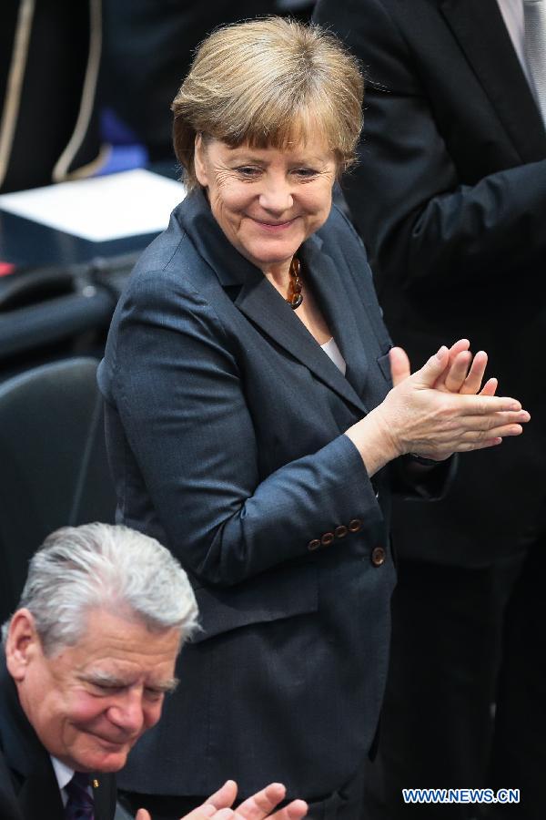 German Chancellor Angela Merkel attends a session in memorial of the 70th anniversary of the end of World War II in Berlin, Germany, on May 8, 2015.