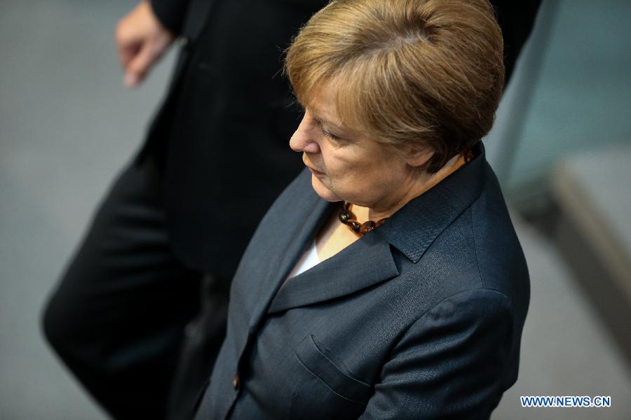 German Chancellor Angela Merkel attends a session in memorial of the 70th anniversary of the end of World War II in Berlin, Germany, on May 8, 2015. 