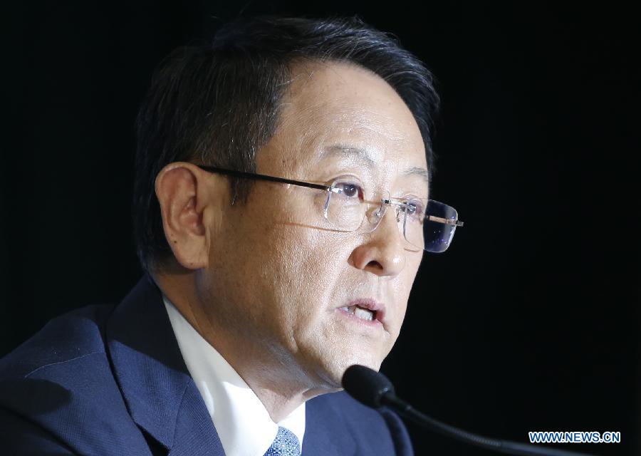 Japan's auto giant Toyota's president Akio Toyoda speaks during a press conference to announce Toyota's financial report for 2014 in the headquarters in Tokyo, capital of Japan, on May 8, 2015.