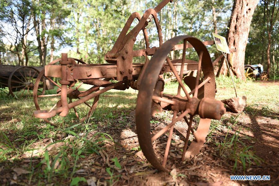 An old agricultural machinery is displayed in Karen Blixen house museum in the suburb of Nairobi, Kenya, on May 17, 2015.