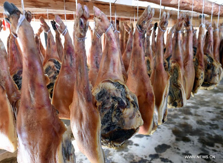 Rows of cured hams being dried are seen at Anzhao Village of Jingdong County, southwest China's Yunnan Province, June 2, 2015