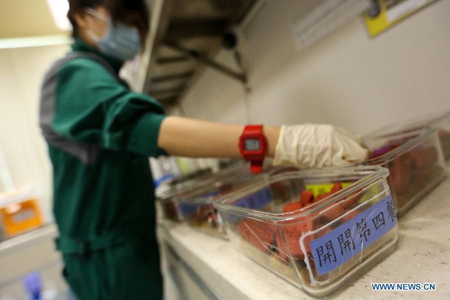 A staff member prepares food for giant pandas at the panda pavilion in Seac Pai Van Park in south China's Macao, June 29, 2015.