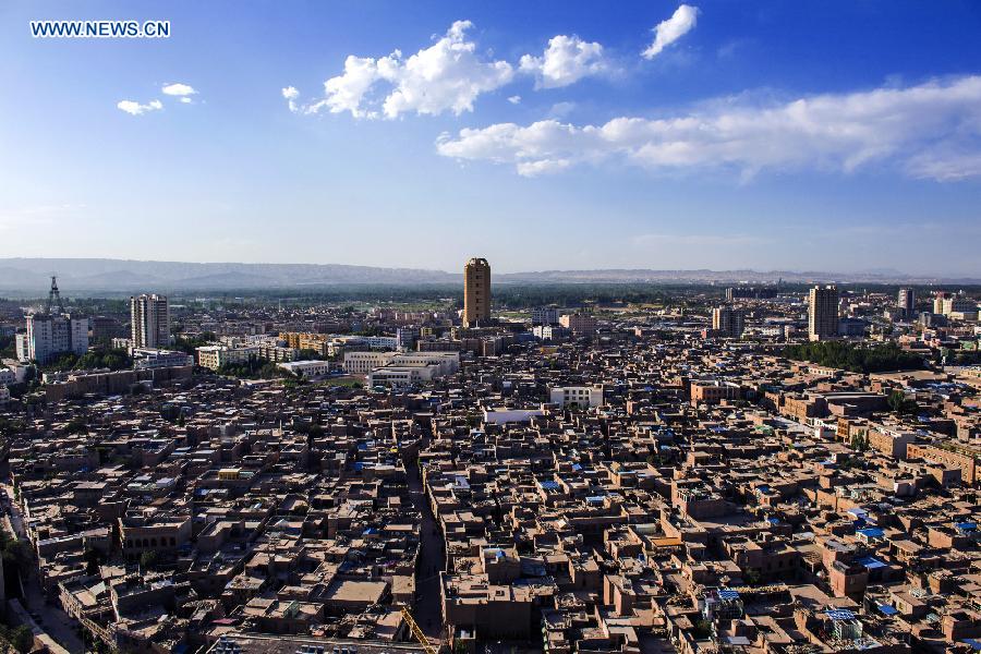 Photo taken on June 8, 2015 shows an aerial view of the old town of Kax, northwest China's Xinjiang Uygur Autonomous Region.