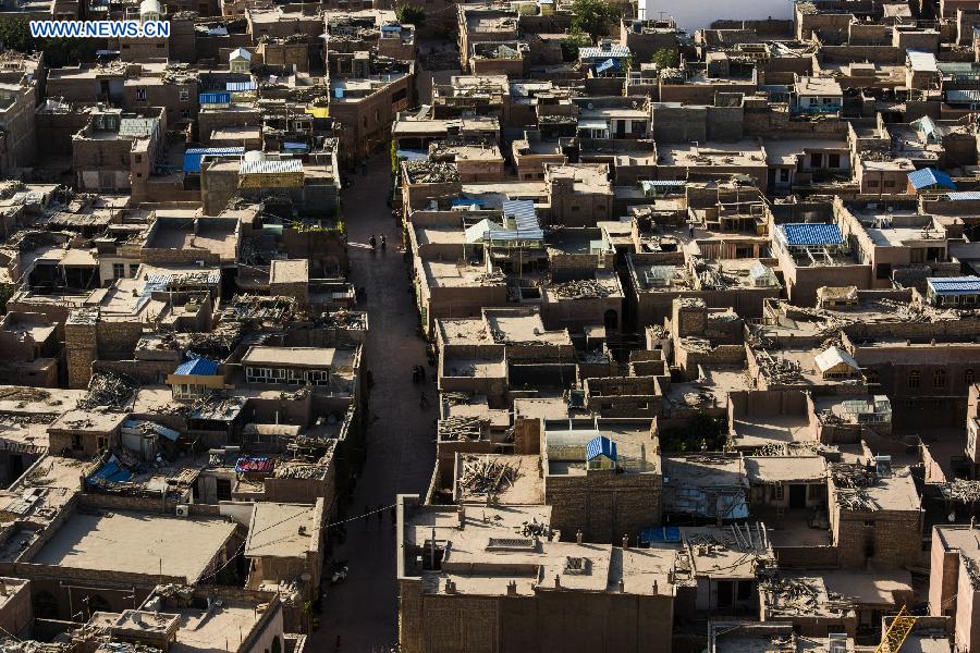 Photo taken on June 8, 2015 shows an aerial view of the old town of Kax, northwest China's Xinjiang Uygur Autonomous Region.