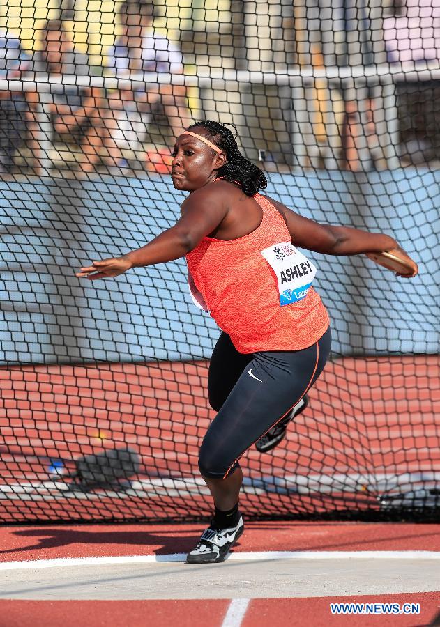 Ashley Whitney of the United States competes during the women's discus match at the 2015 IAAF Diamond League Athletics in Lausanne, Switzerland, on July 9, 2015.