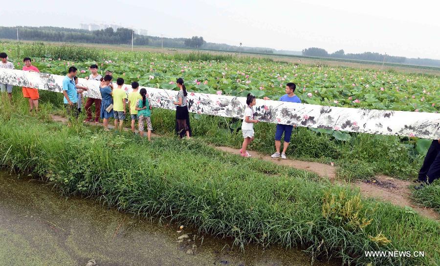 Spectators look at a lotus painting before a lotus pond in Xianghe County of Langfang city, north China's Hebei Province, July 17, 2015.