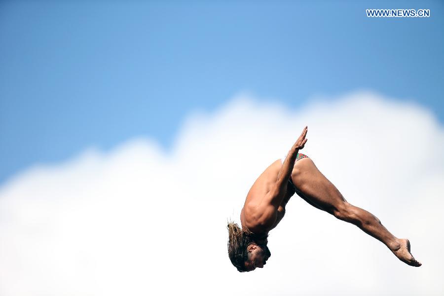 Gary Hunt of Britain competes during men's high dive preliminaries at FINA World Championships in Kazan, Russia, Aug. 3, 2015.